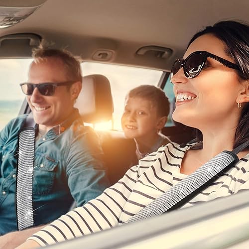 Miniatura 5 de Bling Crystal Diamond - Funda para palanca de cambios y fundas para cinturón de seguridad (2 piezas) + emblemas de anillo adhesivo para automóvil (4