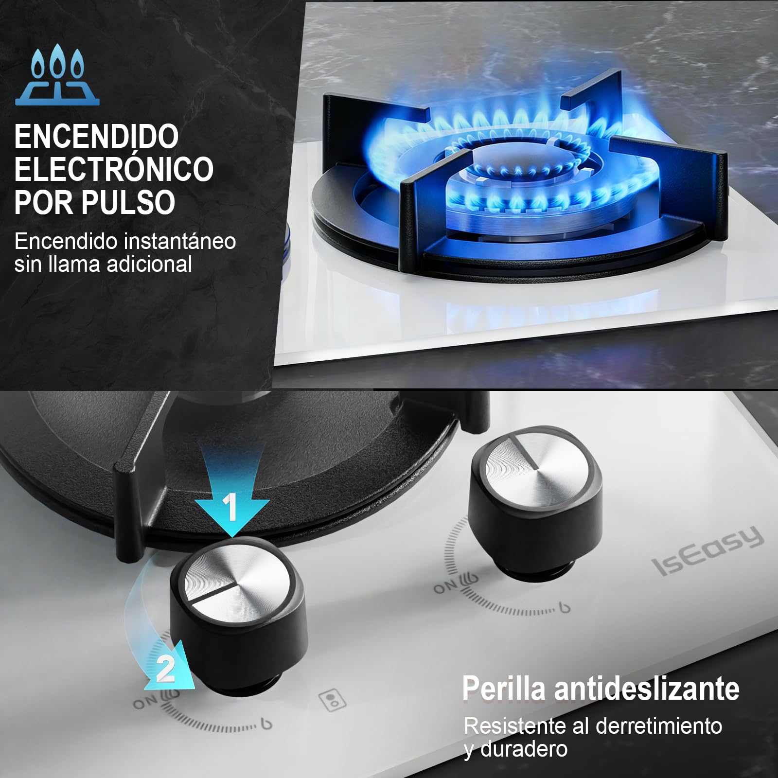 IsEasy Placa de Gas 2 Fuegos Blanco, Encimera de Gas Butano/Natural/Propano, 4300 W, 31 cm, Cocina Empotrable, Cristal Blanco