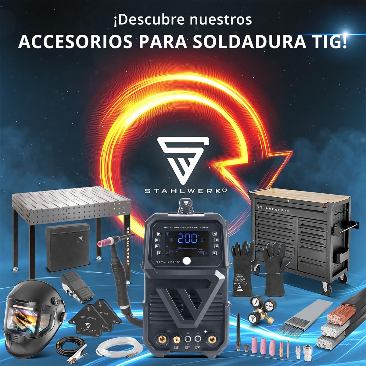 STAHLWERK Soldadora Mini FLUX 120 ST Digital – Equipo completo con carro – Máquina de soldar con hilo hueco (FLUX) sin gas hasta 120 A, avance de hilo sinérgico, LED, función Lift-TIG & MMA/Electrodo