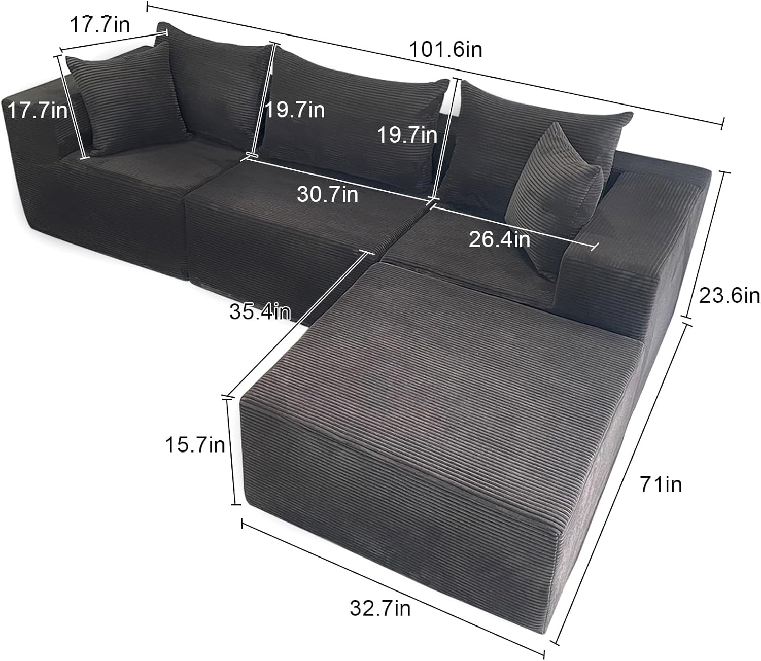 L-Shaped Cloud Sectional Couch for Living Room, Vacuum Compression 101-inch Boneless Convertible Sofa in Box, No Assembly Required 4-Seat Modular Sofa with Chaise for Home House