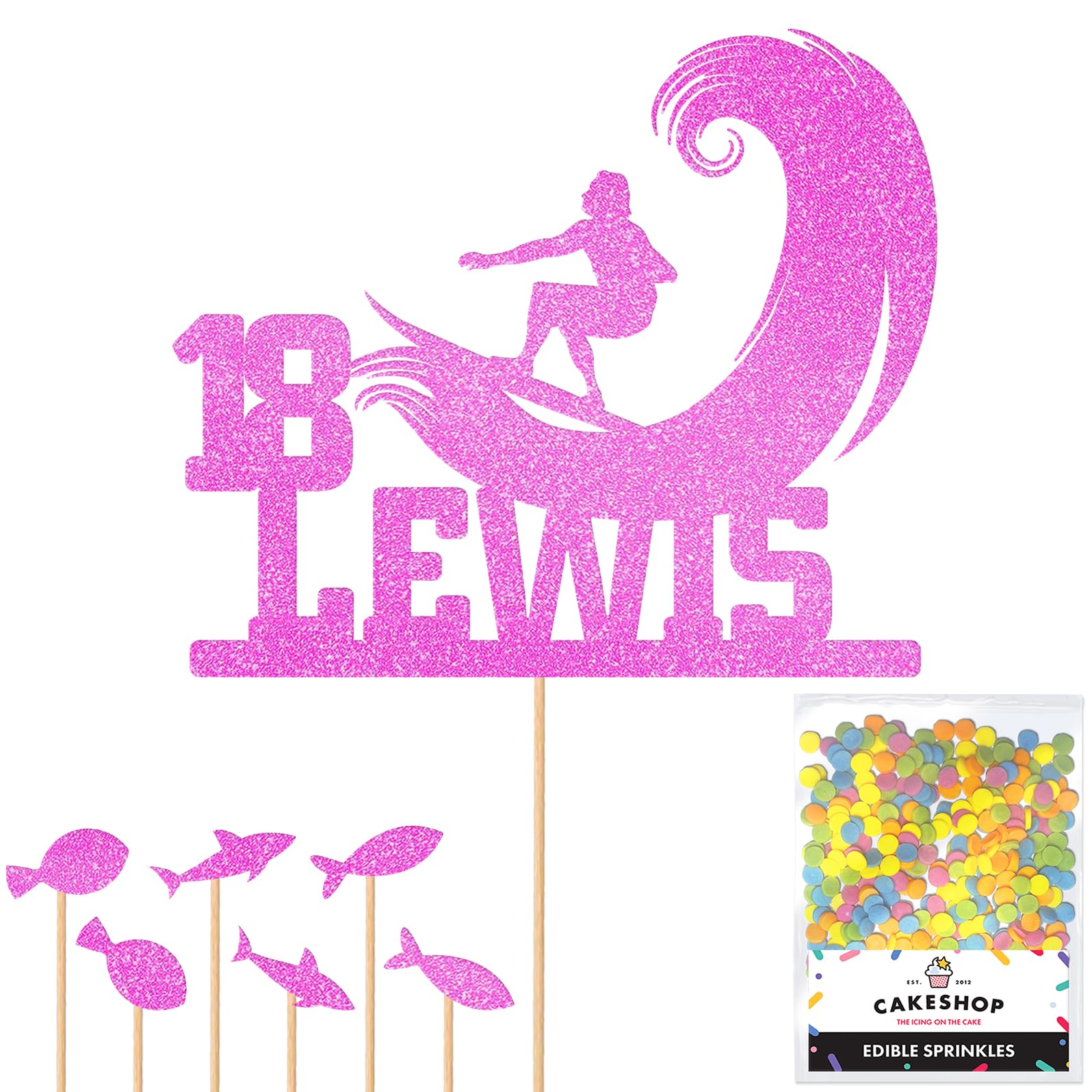 Personalised Surfer Wave Surfing Glitter Cake Topper Lt Pink Any Custom Age & Name Glitter Cake Decoration and Sprinkles - Happy Birthday Decorations - Personalised Toppers for Cakes by Cakeshop — image 1