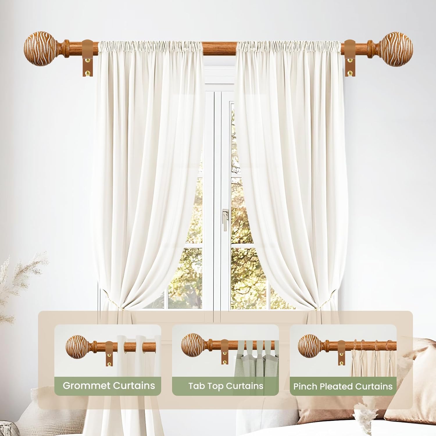 TKZTKZ Boho Wood Curtain Rods for Windows 36-88",1 Inch Heavy Duty Wooden Curtain Rod,Decorative Rustic Farmhouse Drapery Rods for Bedroom Living Room Kitchen Nursery (Iron Rod with Wood Grain Finish)
