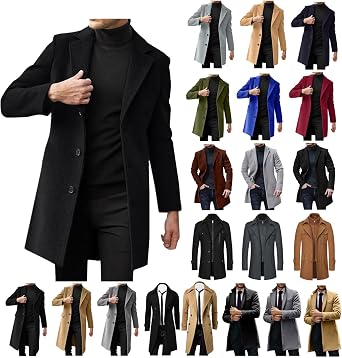 QWENTMTNTY Men's Wool Trench Coat Winter Slim Fit Single-Breasted Peacoat Formal Business Casual Dress Coats Mid Long Jacket