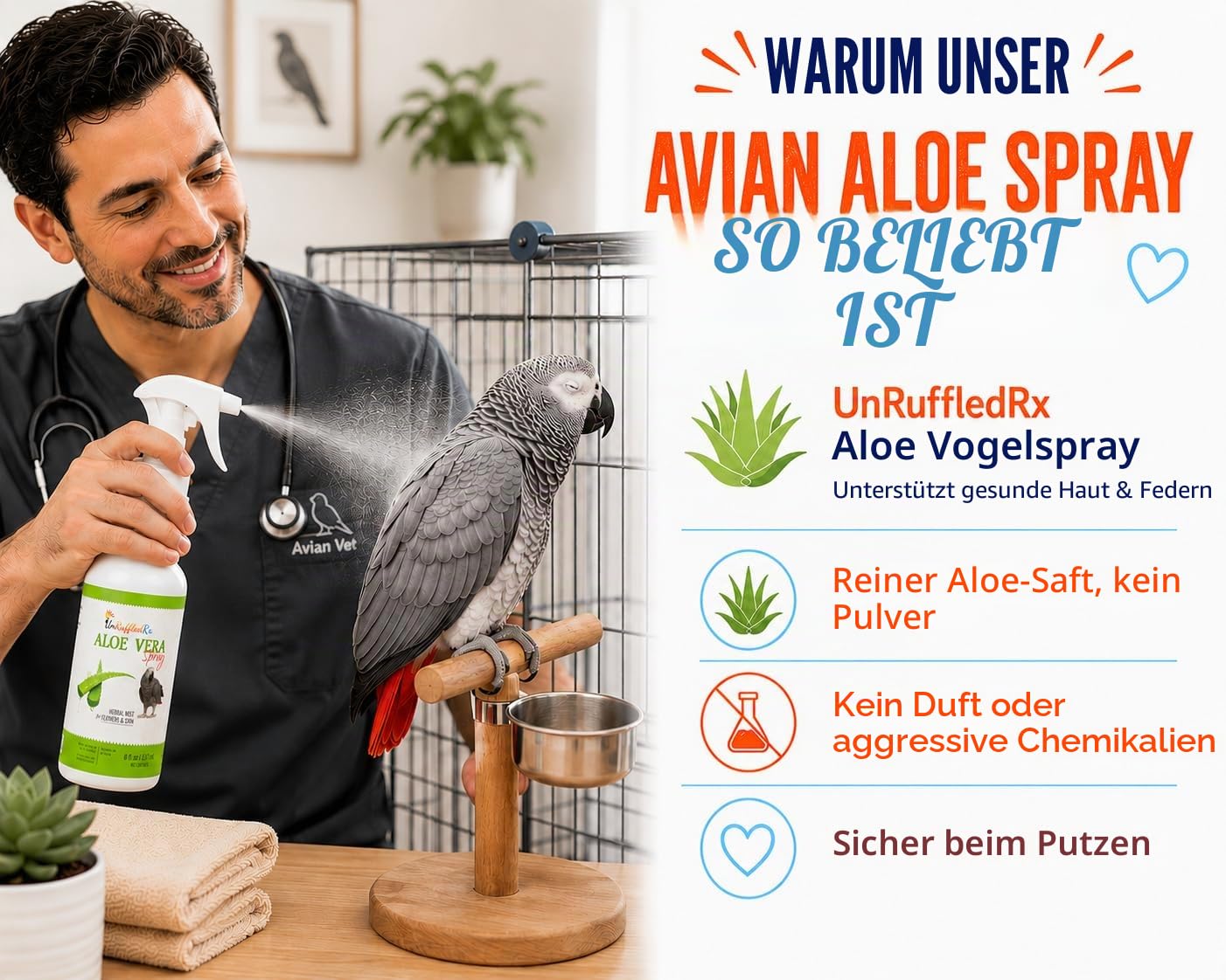 Aloe Vera Vogelspray für alle Vögel, beruhigt juckende Haut und Federzupfen, 237 ml, geruchsfreier Nebel, sicher bei Einnahme, täglicher Gebrauch, macht Federn weich, natürliche Formel, hergestellt in