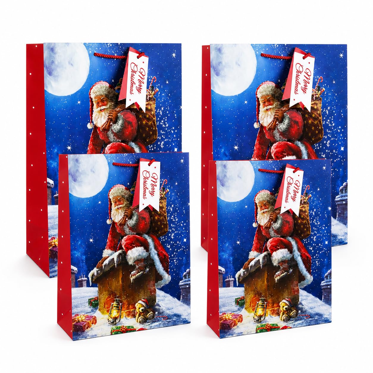 4 Pack of Santa Rooftop Christmas Gift Bags with Handles, 2 Medium 26 x 15 x 33 cm & 2 Small 21.5 x 10 x 25.3 cm, Xmas Present Bags, Festive Gift Packaging for Family Friends Christmas Presents