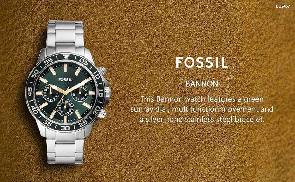 Image of Fossil Analog Green Dial Silver Bracelet Men's Watch BQ2492