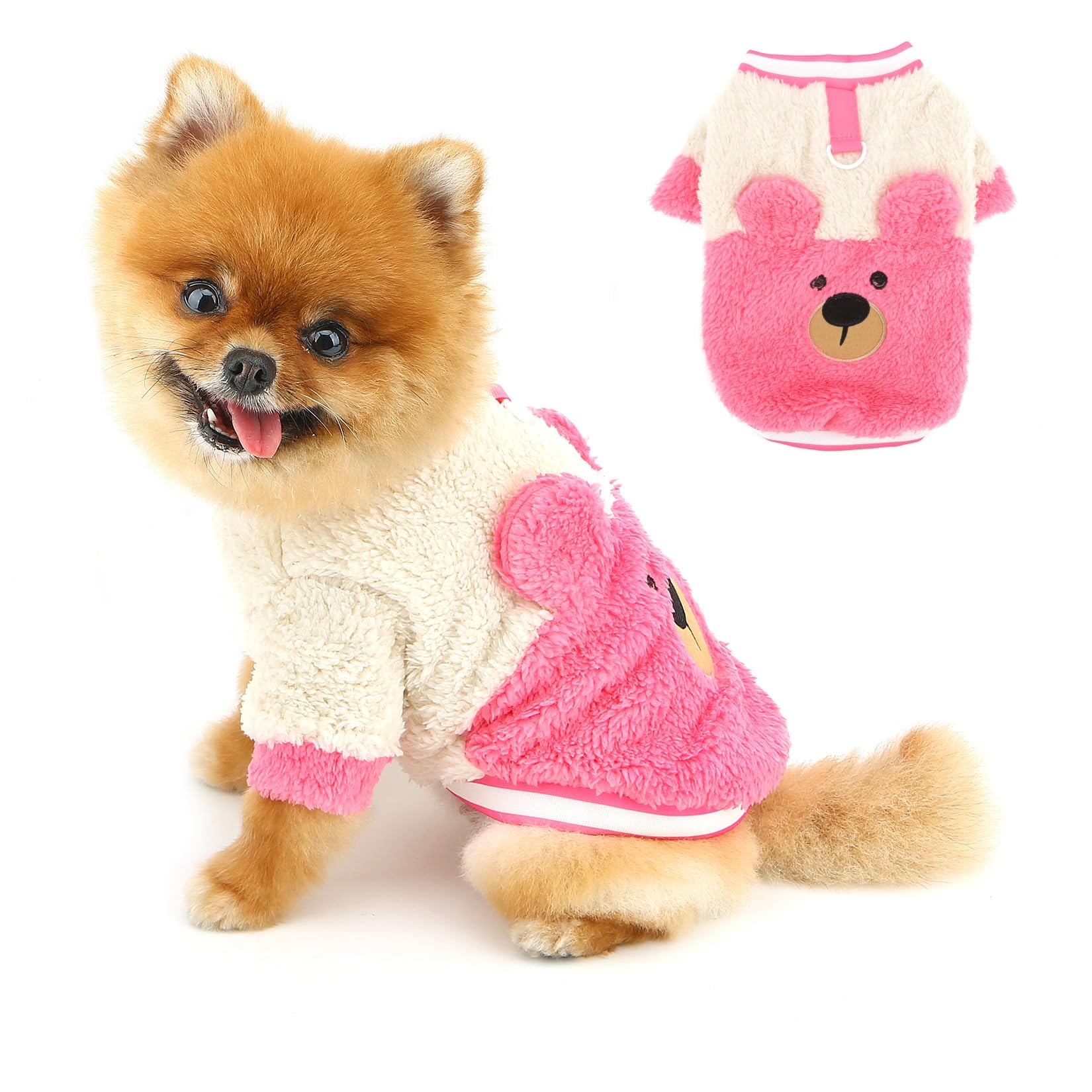 PAIDEFUL Plush Fleece Dog Jumper for Small Dogs, Soft Warm Puppy Pullover with Leash Ring and Cute Bear Design, Cosy Winter Pet Clothing for Chihuahua Yorkie Cats,Pink,XL
