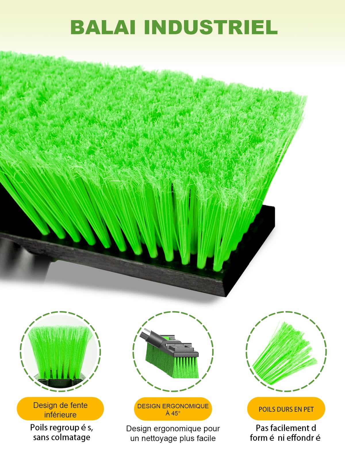 18 Pouces/45cm Grand Large Réglable Résistant Balai à Pousser Extérieur Tête de Brosse Rigide avec Manche Fileté à 4 Sections 152cm pour Entrepôt Allée Garage Terrasse Trottoir Atelier Nettoyage