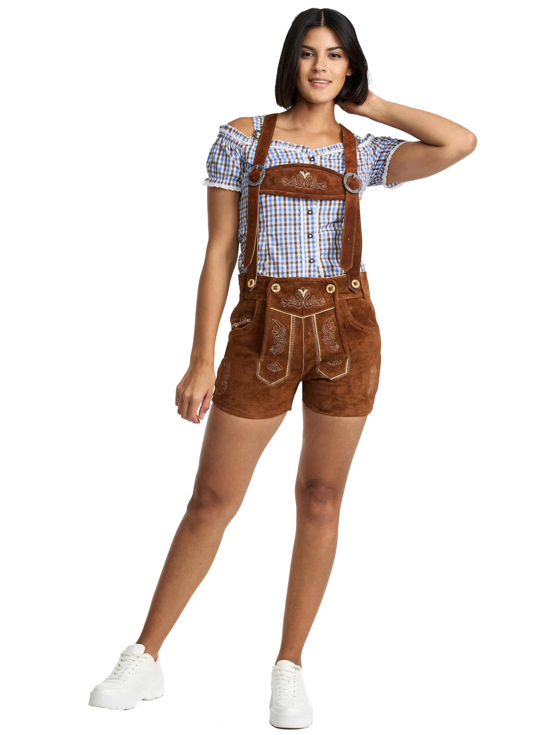 Steigenhöfer Lederhose Damen Tracht Shorts - 100% Rindsleder - Marina - Traditionelle Kurze Hose für Frauen Hot Pants - Inklusive verstellbaren Trägern - Dirndl Alternative