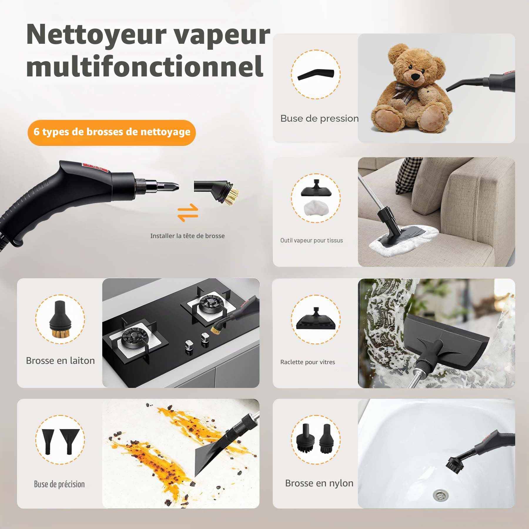 Nettoyeur à vapeur manuel 6 niveaux réglables, chauffe 10–15s, réservoir 1,2 L, 15 accessoires, nettoyeur haute pression sans chimie cuisine salle de bains sols voitures vitres