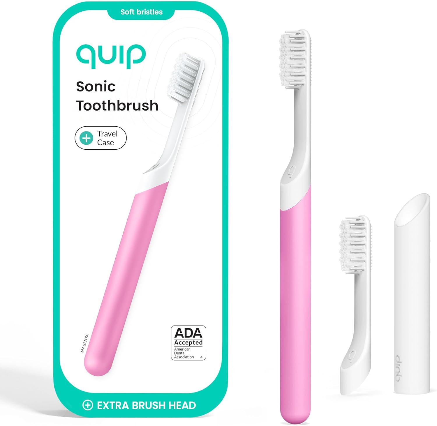 Quip Sonic Toothbrush for Adults with Timer – Includes Extra Brush Head and Travel Cover Mount – Electric, Soft Bristle Refill Head, Plastic Handle, 3 Month Battery Life – Travel Toothbrush – Magenta Quip Sonic Toothbrush for Adults with Timer – Includes Extra Brush Head and Travel Cover Mount – Electric, Soft Bristle Refill Head, Plastic Handle, 3 Month Battery Life – Travel Toothbrush – Magenta