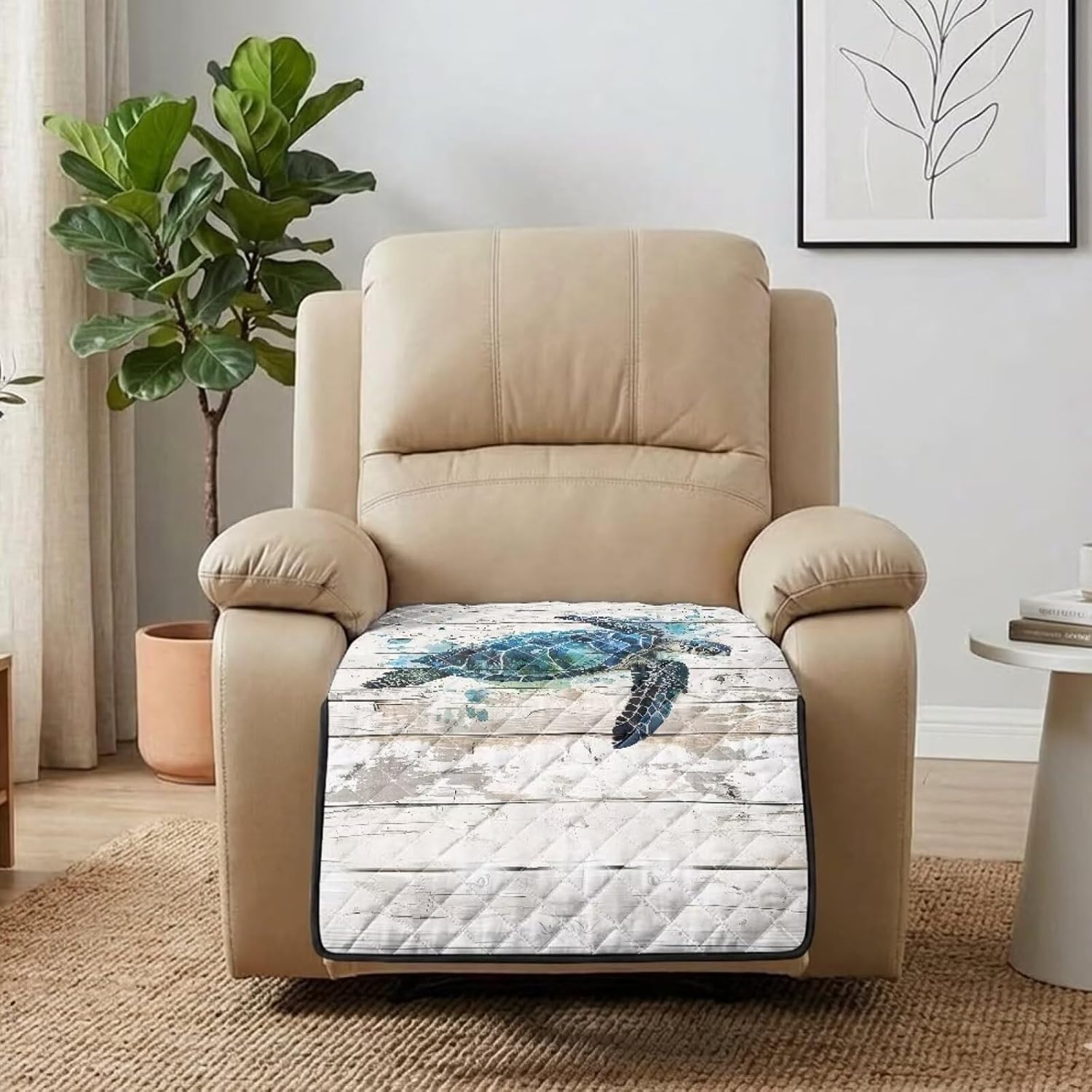 Sea Turtle Wood Grain Print Recliner Chair Cover, Quilted Polyester Furniture Protector with Anti-Slip Silicone Dots, Washable Pet Friendly Seat Cushion Slipcover for Living Room