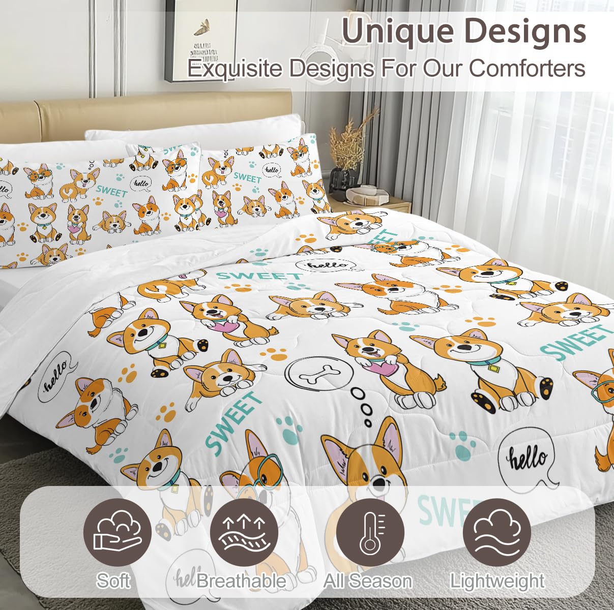 BlessLiving Corgi Bedding Cartoon Dog Comforter Set Welsh Corgi Gifts for Corgi Lovers 3 Piece Puppy Blanket for Kids Girls Boys Cute Pet Pattern Quilt Set (Twin/Twin XL)