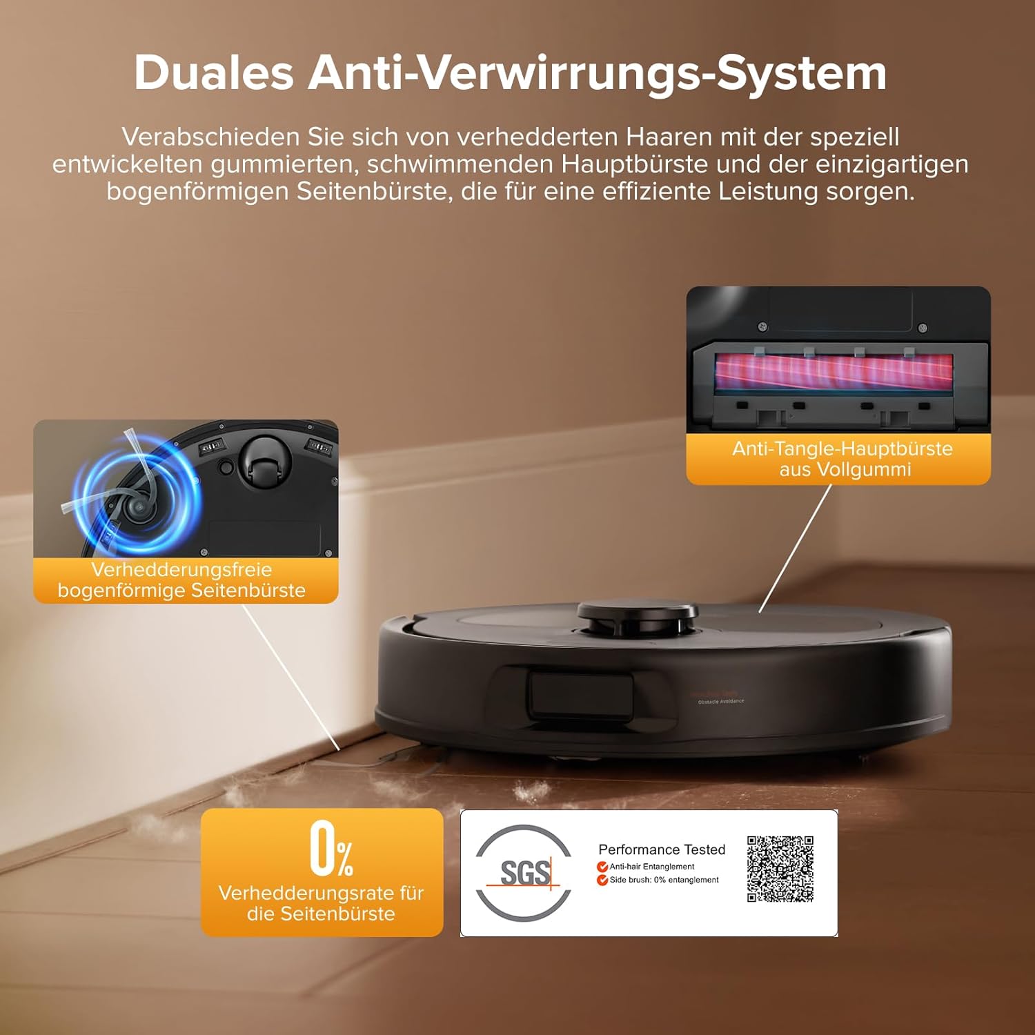 Dual anti-tangle system with rubber main brush and arc-shaped side brush