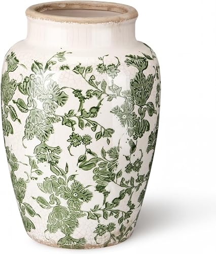 10.6" Ceramic Flower Vase, Vintage Chinoiserie Ice-Cracked Glaze Porcelain Floral Vase with Non Slip Protective Pad, for Home Wedding Arrangement Decor(Sage Green,Floral Pattern)