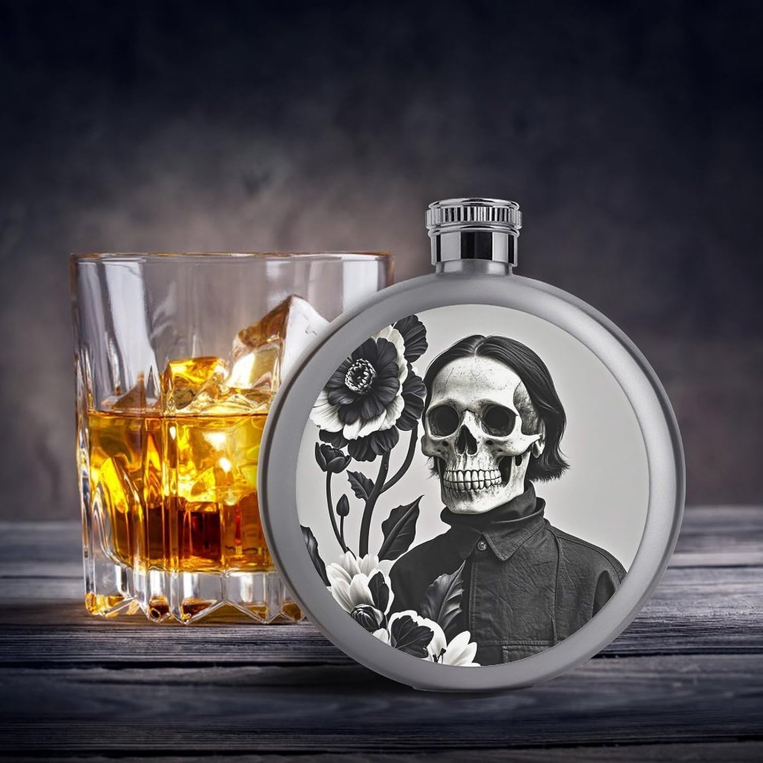 Black And White Flowers And Skull Stainless Steel Flagon to 5 Oz with Screw Cap,Hip Flask for Men–Whiskey & Liquor Pocket Flask,Alcohol Flagon for Camping Drink Sports Outdoor Wine Bottle