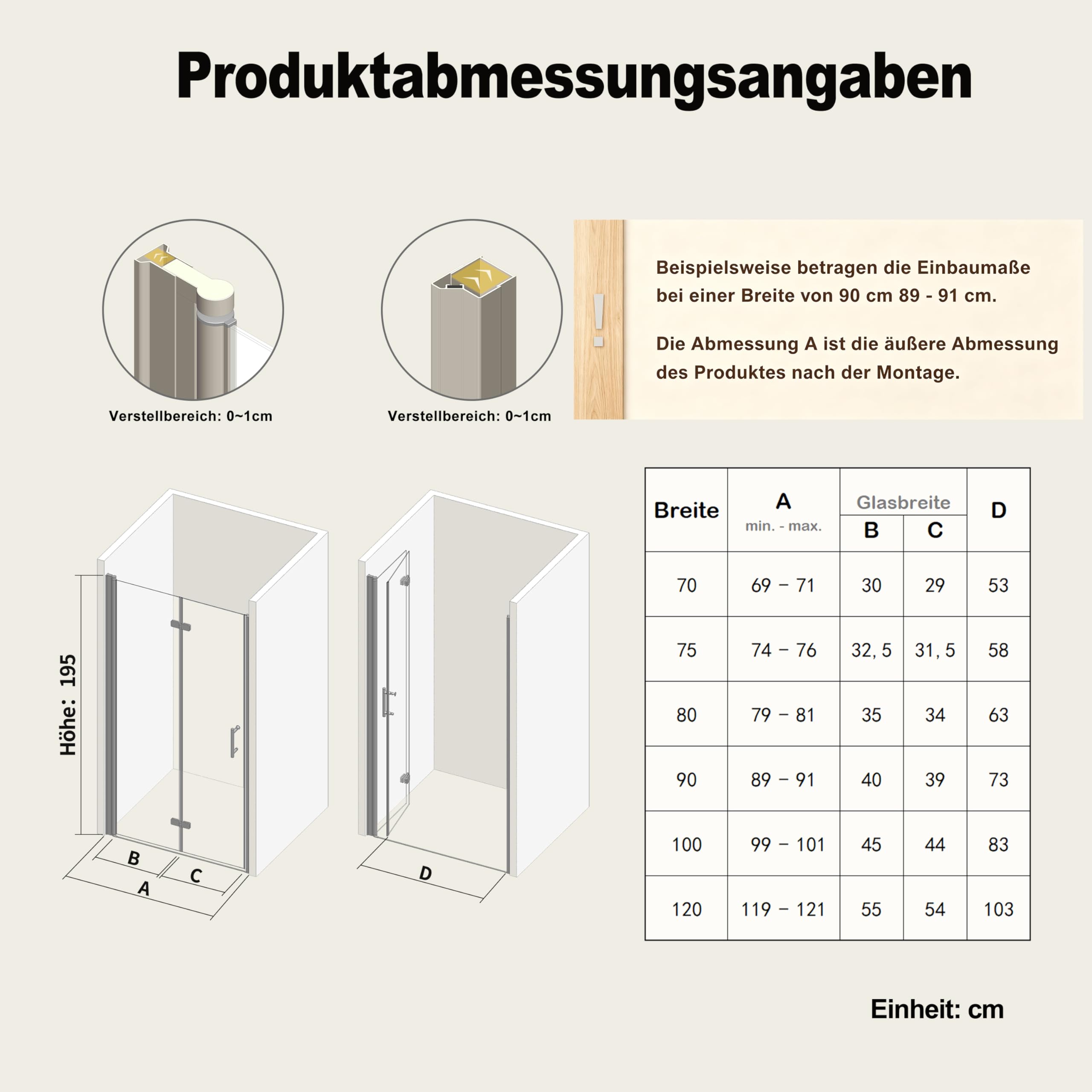 Nische Duschtür Faltbar 90 cm, Höhe: 195 cm, Verstellbereich 89–91 cm, Nischentür Dusche mit Falttür aus 6 mm ESG Nano-Glas, Duschabtrennung Faltbar, Rahmenlos Duschwand, ohne Duschtasse