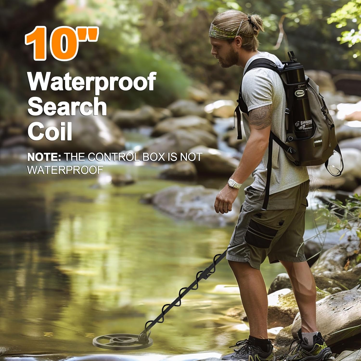 OMMO metal detector search coil submerged in water.