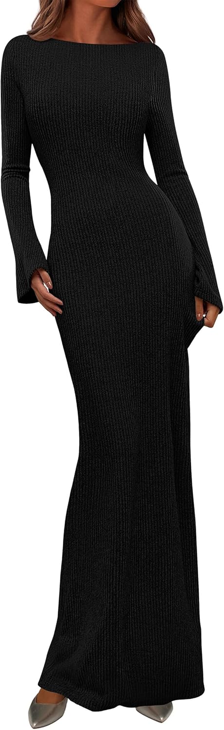 PRETTYGARDEN long sleeve maxi dress ribbed knit bodycon style