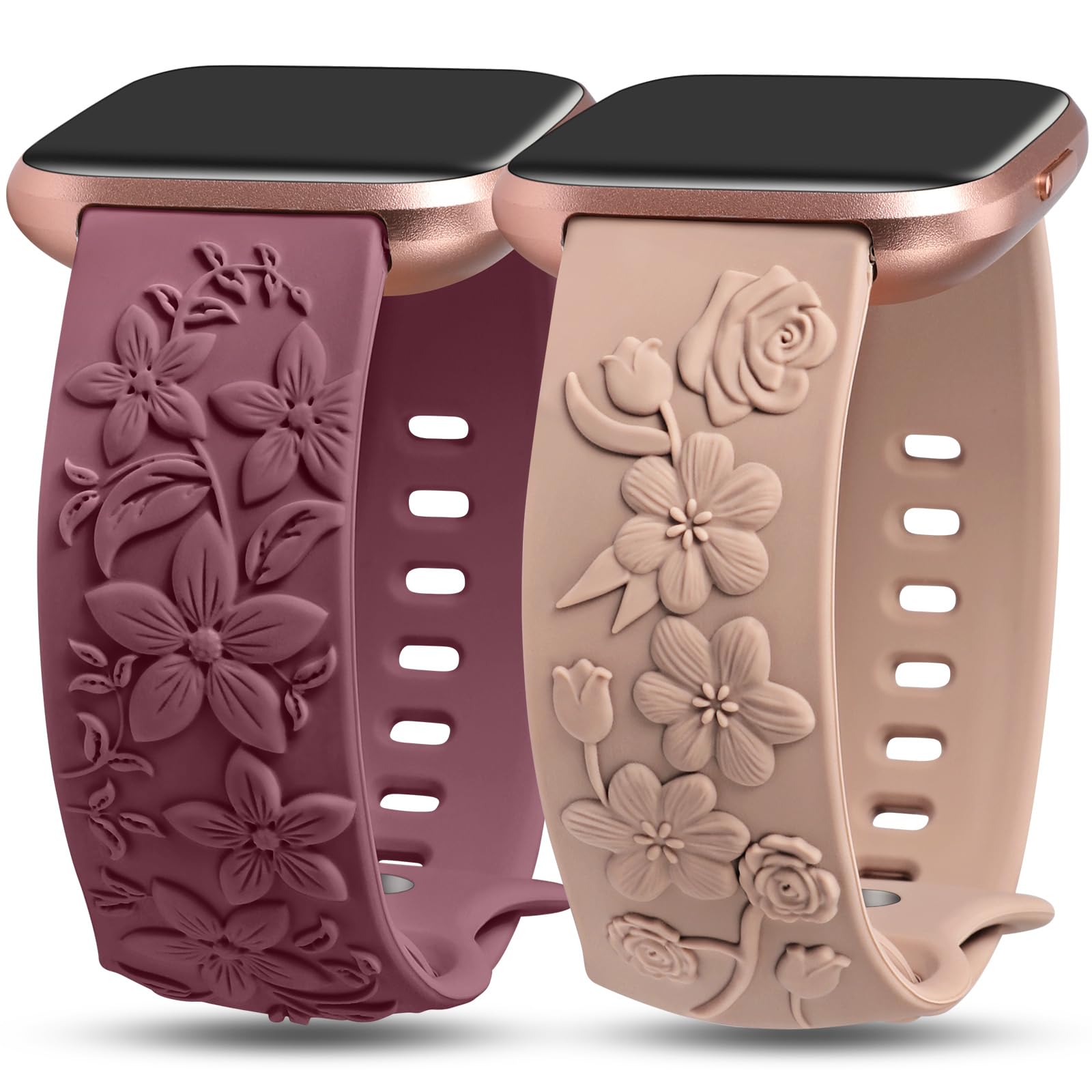 TOYOUTHS 2 Pack Compatible with Fitbit Versa 2 Versa Lite Versa Watch Bands for Women Floral Engraved Soft