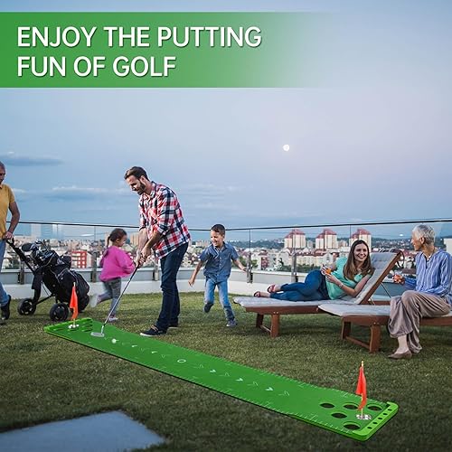 Miniatura 8 de Sagsewful Juego de putting de golf con borde frontal para interiores y exteriores, tapete verde para poner de golf, incluye 8 pelotas de golf y
