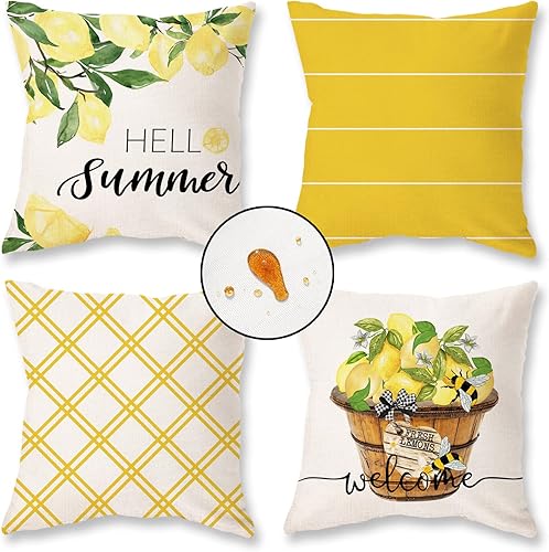 ONWAY Juego de 4 fundas de almohada impermeables de verano de 20 x 20 pulgadas, color amarillo limón para exteriores, decoración de casa de campo,