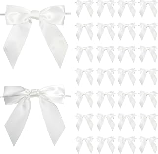 Pre-Tied White Satin Ribbon Twist Tie Bows 5 Inch, 36 Pack