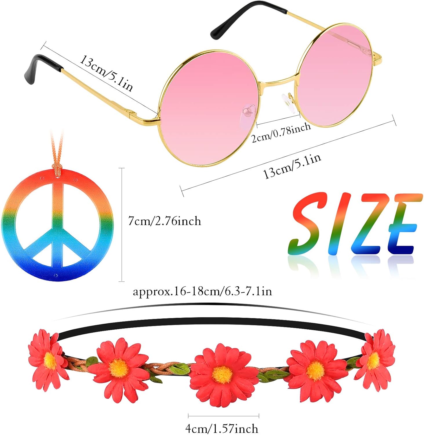 TUPARKA 30PCS Hippie Glasses Headband Costume Accessory Set Includes Multicolor Daisy Flower Headbands,Round Hippie Sunglasses and Peace Sign Necklaces for Hippie Party Supplies - Image 2