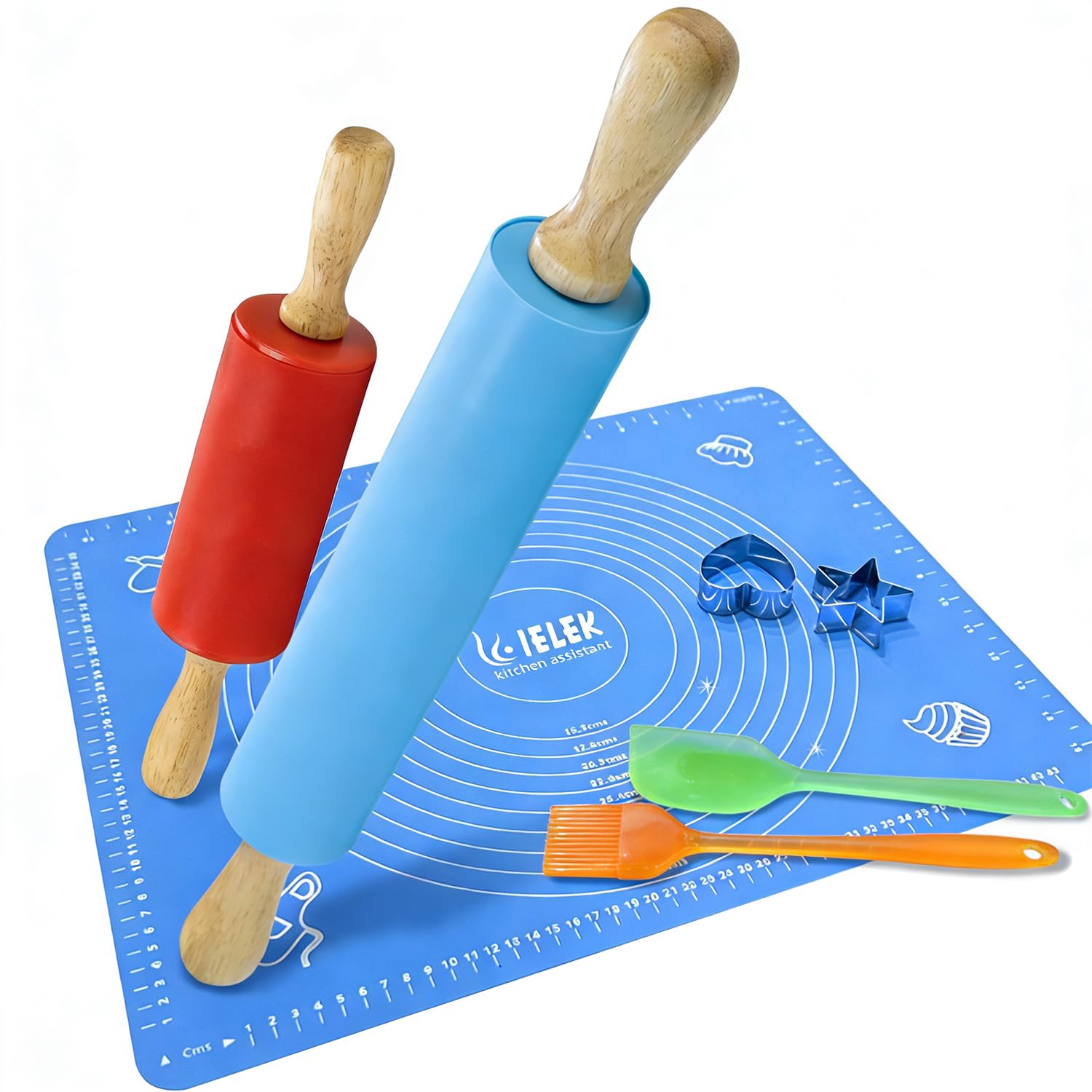 Non-Stick Rolling Pin Silicone Basting Pastry Mat Spatula Brushes Set:Combo Kit of Large and Small Dough Rollers and 2 Stainless Steel Cookie Cutters for Baking