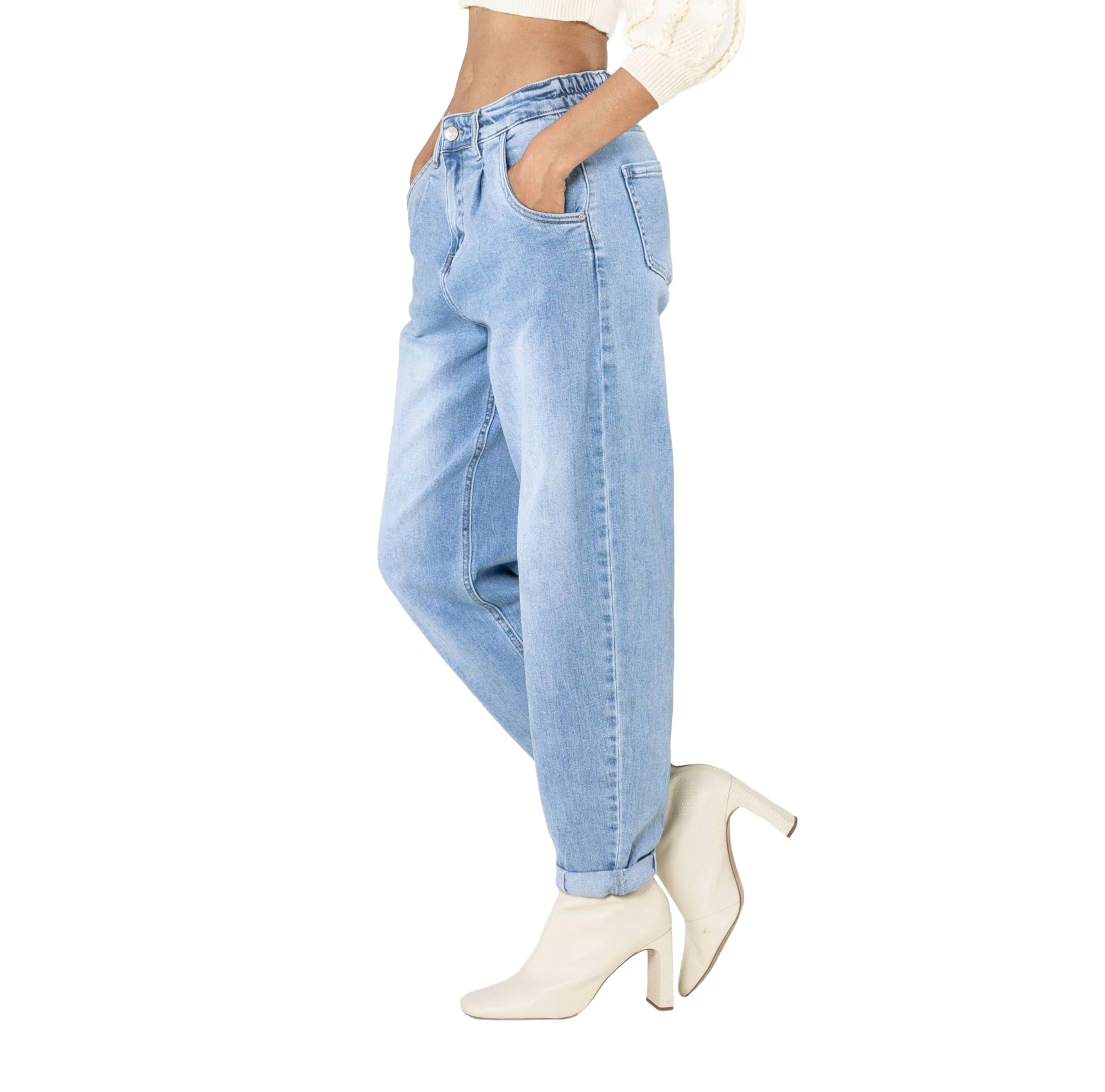 Nina Carter YY303 Damen High-Waist Baggy Jeans – Lässige Weit geschnittene Jeanshose Stretch-Denim Used Look
