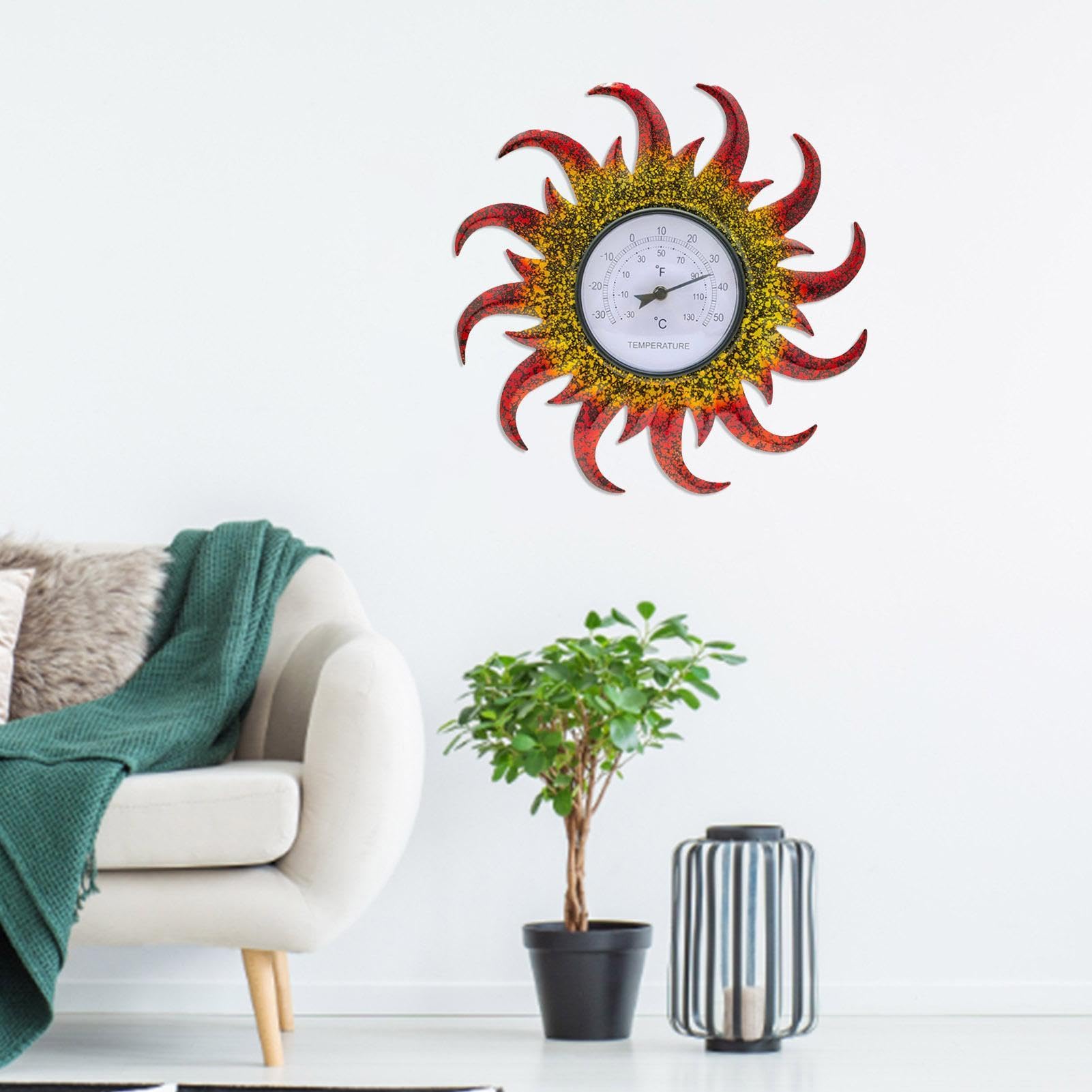 Termometro decorativo da esterno, 40 x 40 x 4 cm, a forma di | sole, per terrazza, soggiorno, serra da giardino, cantina, senza batterie necessarie