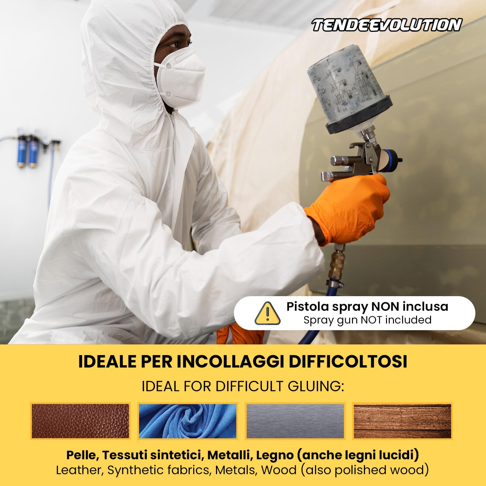 TENDEEVOLUTION Colla Extra Forte a Spruzzo o Pennello Policloroprenica da 4,5 Kg, Elastica e Resistente alle alte Temperature. Colla per Tessuti Cielo Auto, Tappezeria Auto, Stoffa, Legno e Metallo