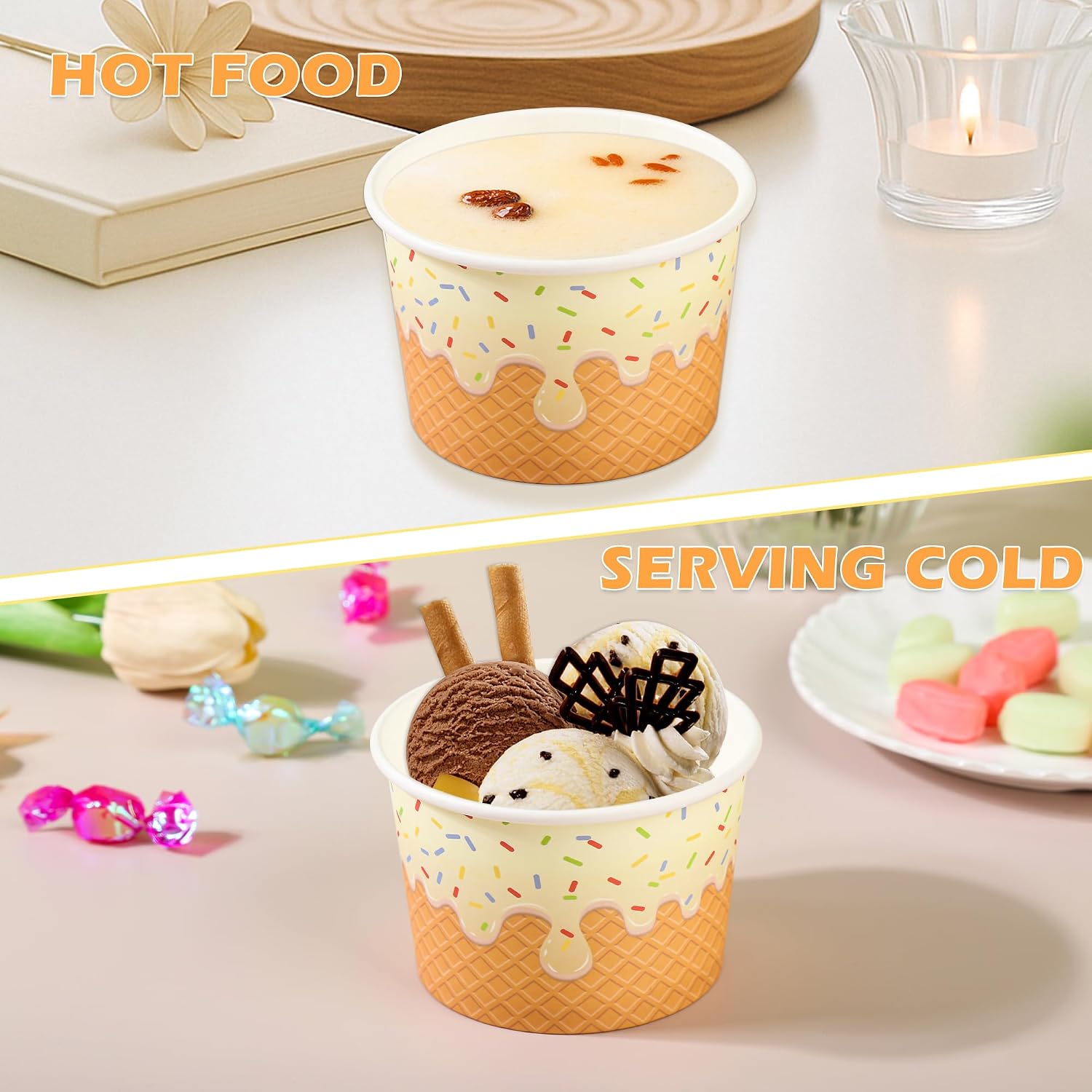 AimFun 50 Pcs Disposable Paper Ice Cream Cups 9oz Desser Bowl | Waffle Sprinkles Dessert Snack Container Bowls for Hot Cold Frozen Yogurt Soup Party Supplies