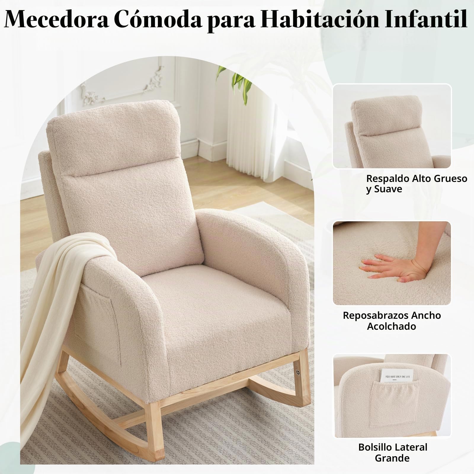 Zstar Mecedora, Sillón Tapizado con Bolsillo Lateral, Silla De Guardería con Respaldo Alto y Patas De Madera De Caucho, Sillón Mecedor Decorativo para Sala De Estar, Dormitorio y Guardería.