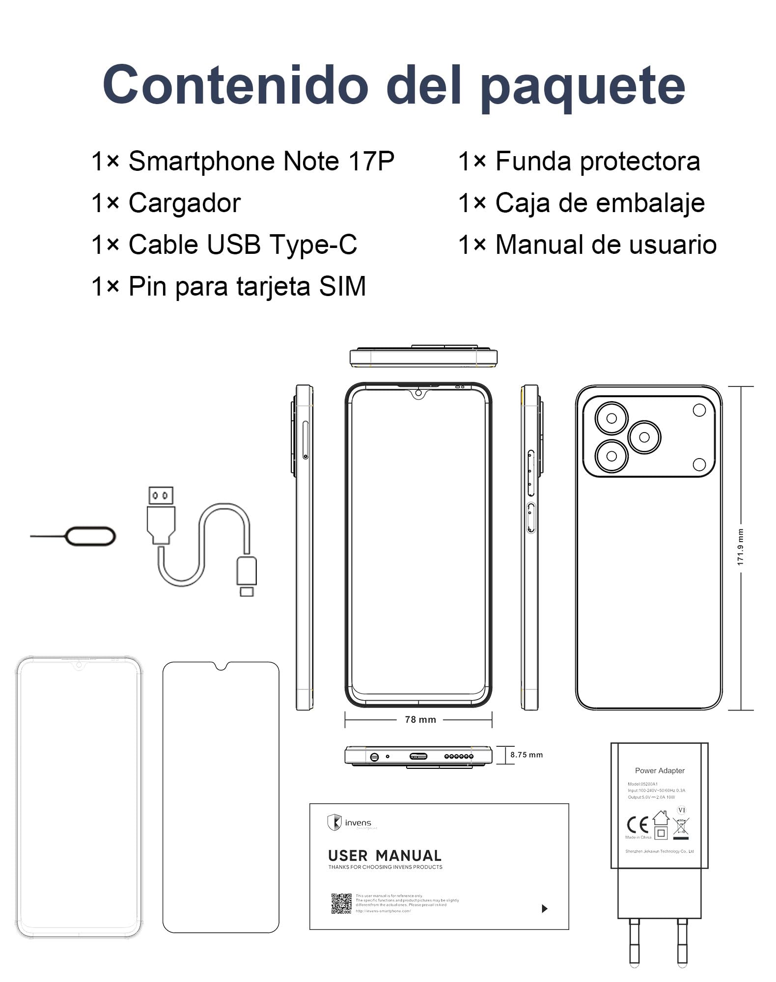 invens Note 17P Smartphone Android 16 Teléfono, Moviles Baratos 20GB+64GB/256GB Ampliable, Teléfono Móvil Libres 6,88", Telefono Octa-Core, 4G Dual SIM, 16+8MP, Face ID/OTG/GPS, Negro