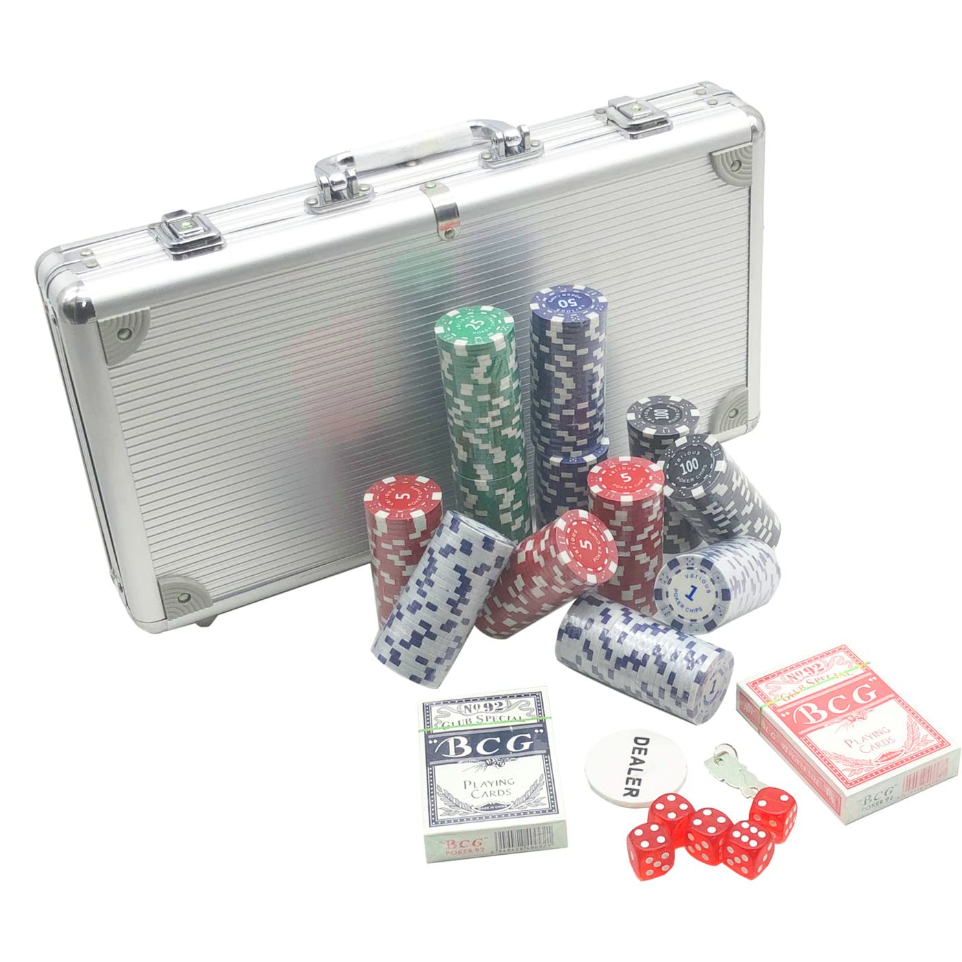 various Set Poker de Maletín Profesional 300 Fichas Juego de Poker Casino Aluminio 5 x Dados 2 x Barajas y 1 x Ficha de Crupier (Poker Maletín 300)