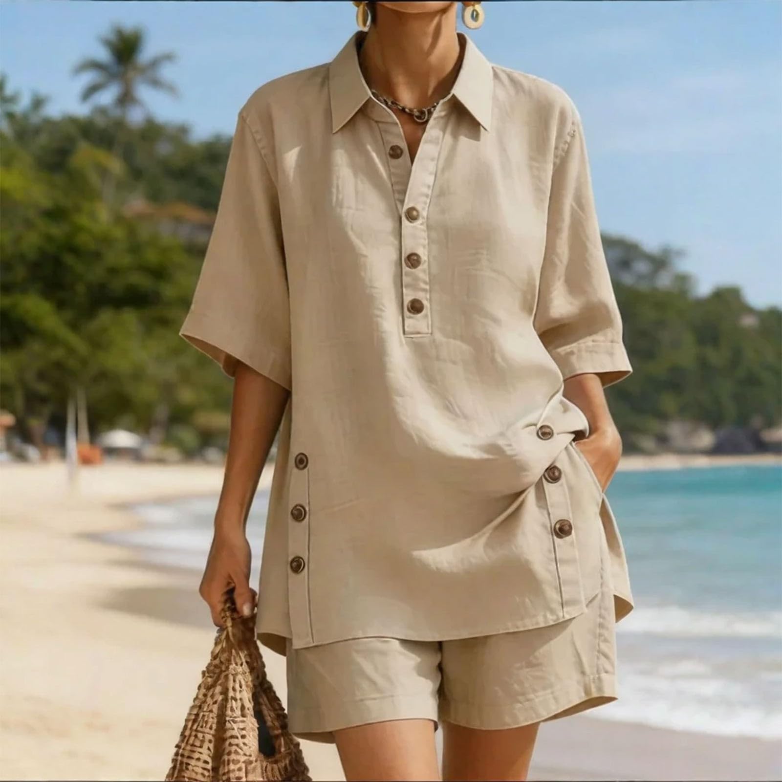 Ensemble Short Femme ete Chic - Vetement Femme éTé Ensemble Deux PièCes DéContracté D'éTé Chemise à Manches Courtes et Short Ample Confortable à Porter