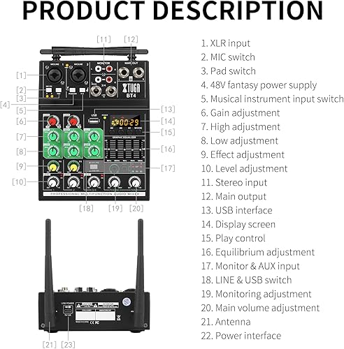 Miniatura 9 de XTUGA BT4 Mezclador de audio para karaoke, mezclador de sonido de 4 canales con micrófono inalámbrico doble, consola de tablero de sonido, MP3,