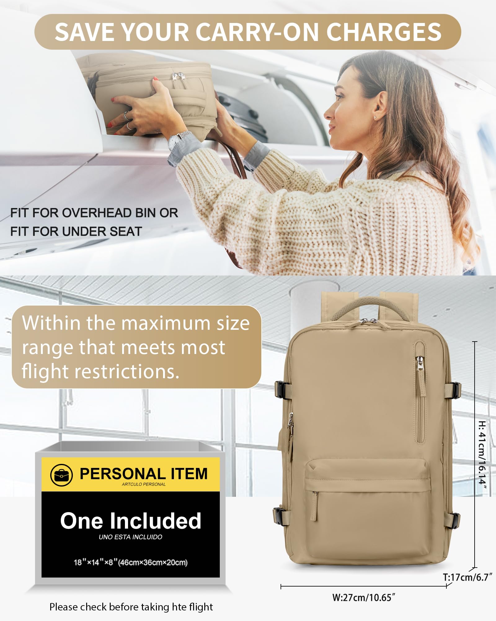 Zaino da Viaggio per Easyjet 45x36x20 Bagaglio a Mano Zaino Borse da Cabina per Ryanair Il Sedile Zaino Aereo Bagaglio a Mano Donna Borsa Cabina Viaggio Zaino Travel Viaggio Casual Daypack,A18 Cachi