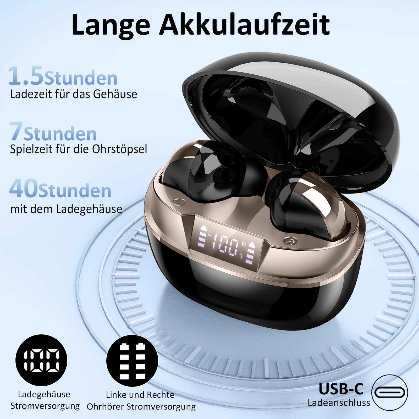 Bluetooth Kopfhörer, Kopfhörer Kabellos Bluetooth 5.4 HiFi-Klangqualität mit ENC Mikrofon, 47Std Spielzeit In Ear Ohrhörer mit IP7 Wasserdicht, Ohrhörer mit LED Anzeige für IOS/Android, Schwarzgold