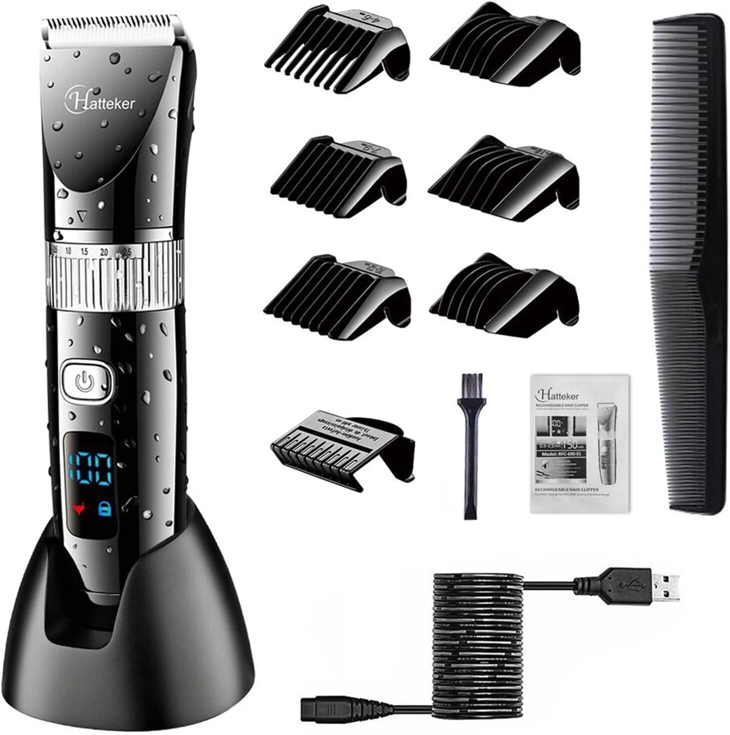 Hatteker Kingbox Professional Clipper Cordless Clippers Hair Trimmer Beard Shaver Electric Haircut Kit Ceramic Blade Waterproof Rechargeable Battery Led Display For Men And Family Use | Black-image-36