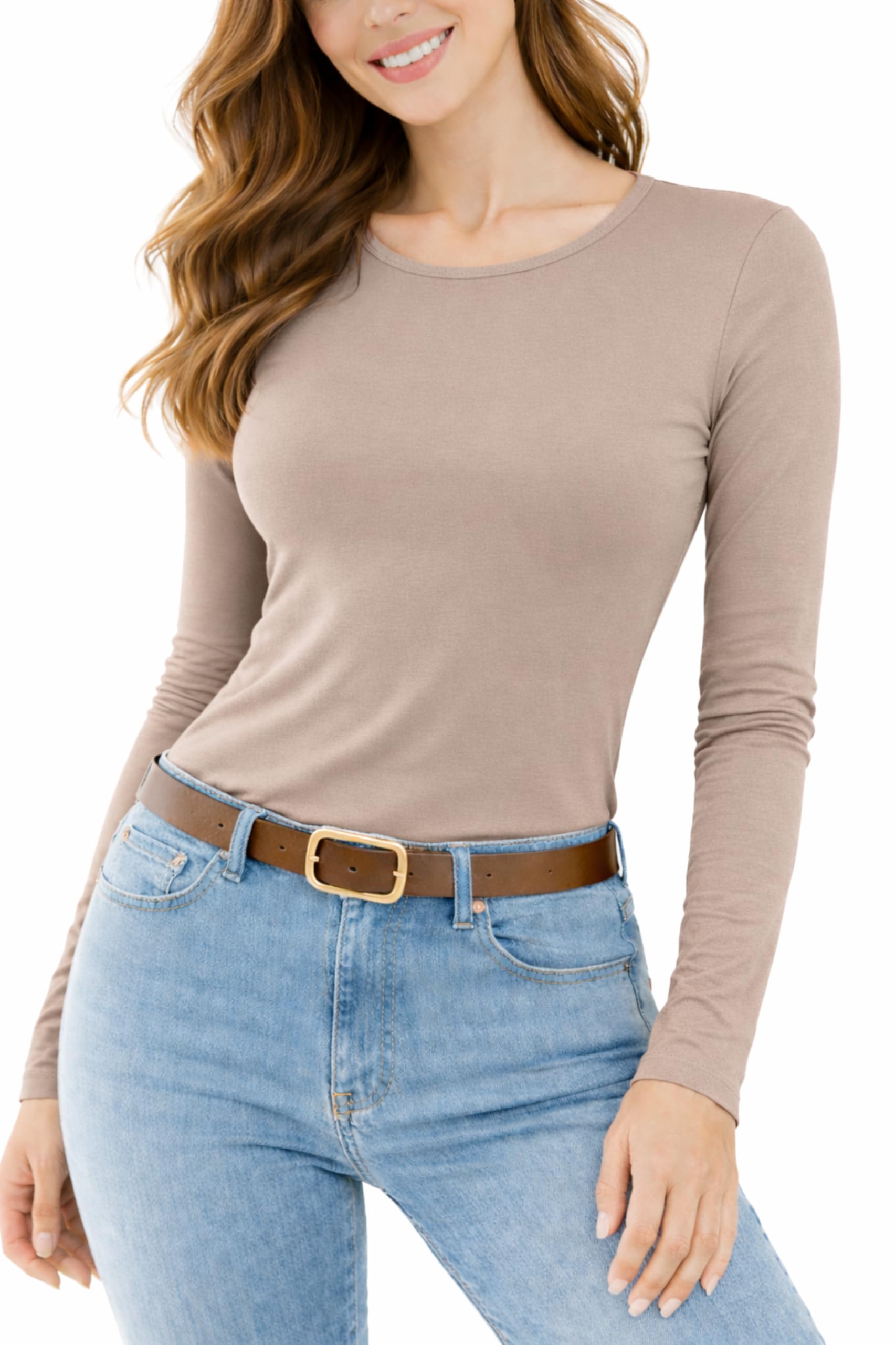 Re Tech Uk Women's Mocha - Long Sleeve Tops For - Basic Round Neck - Soft Stretch Fitted Top For - Plus Size - Black White & More Colours - Great Long Sleeve T Shirts, Xxxl