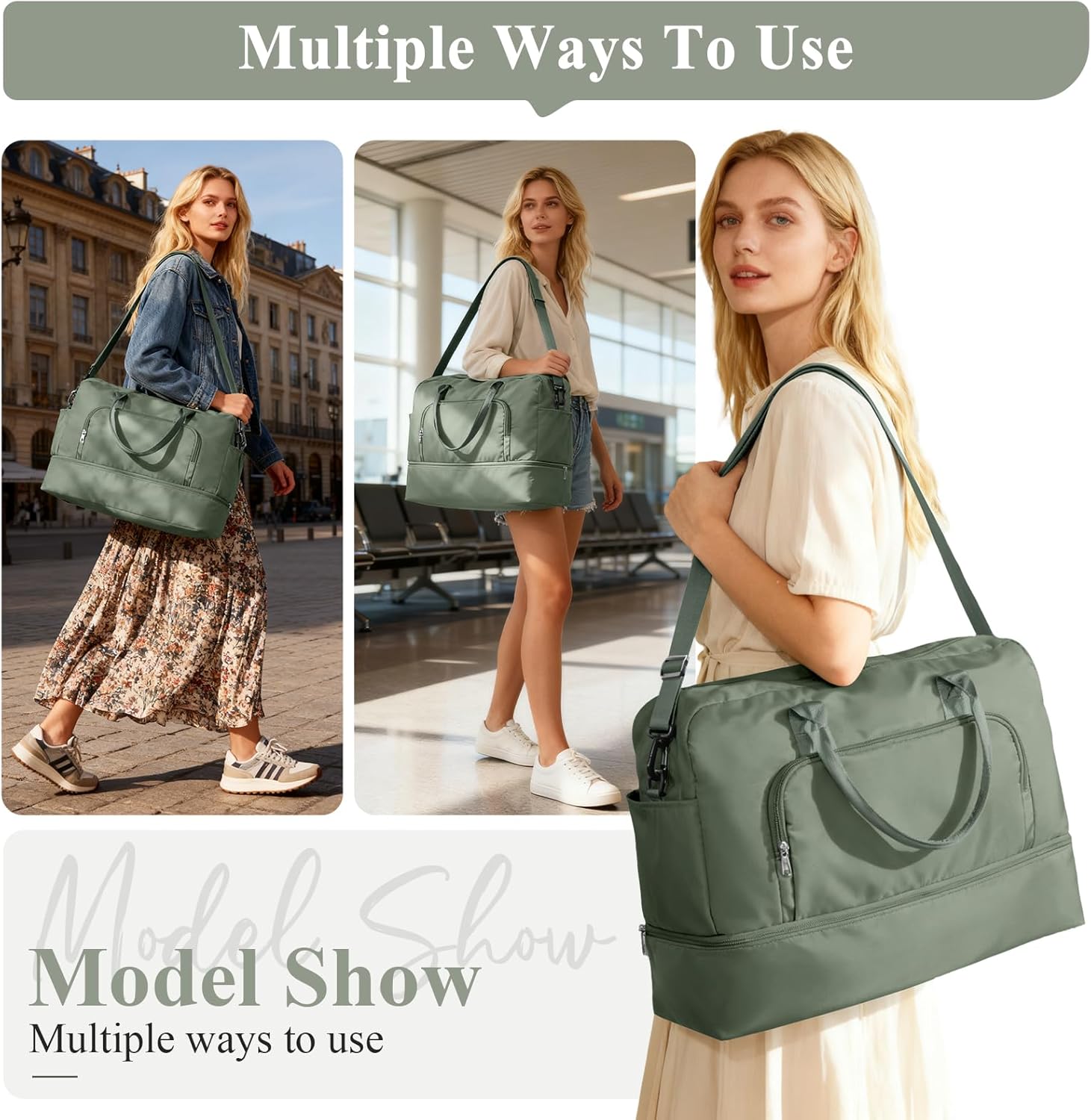 Weekender Bags for Women, Travel Duffel Overnight Carry On Weekend Bag with Shoes Compartment,Olive Green - Image 8