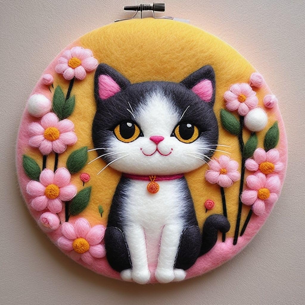 yesJRL Needle Felting Kits Beginners, Cat Pattern DIY Wool Needle Felting Starter Kit, Easy Needle Felt Set with Picture Frame, Foam Pad, Felt Cloth and Instructions for Home Decoration (Flower Cat)