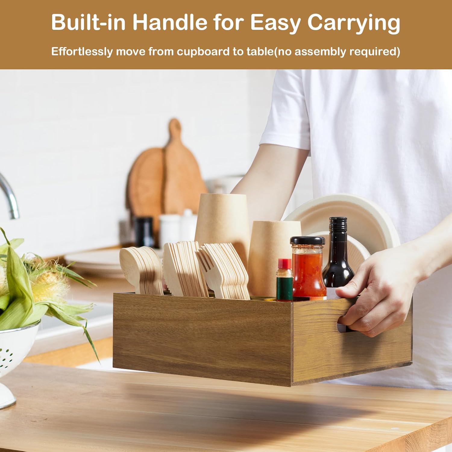 Acacia Wood Utensil Holder for Party, 6-Compartment Paper Plate and Silverware Organizer with Handles, Rustic Utensil Caddy for Parties, Outdoor Gatherings, and Kitchen Countertop Organization