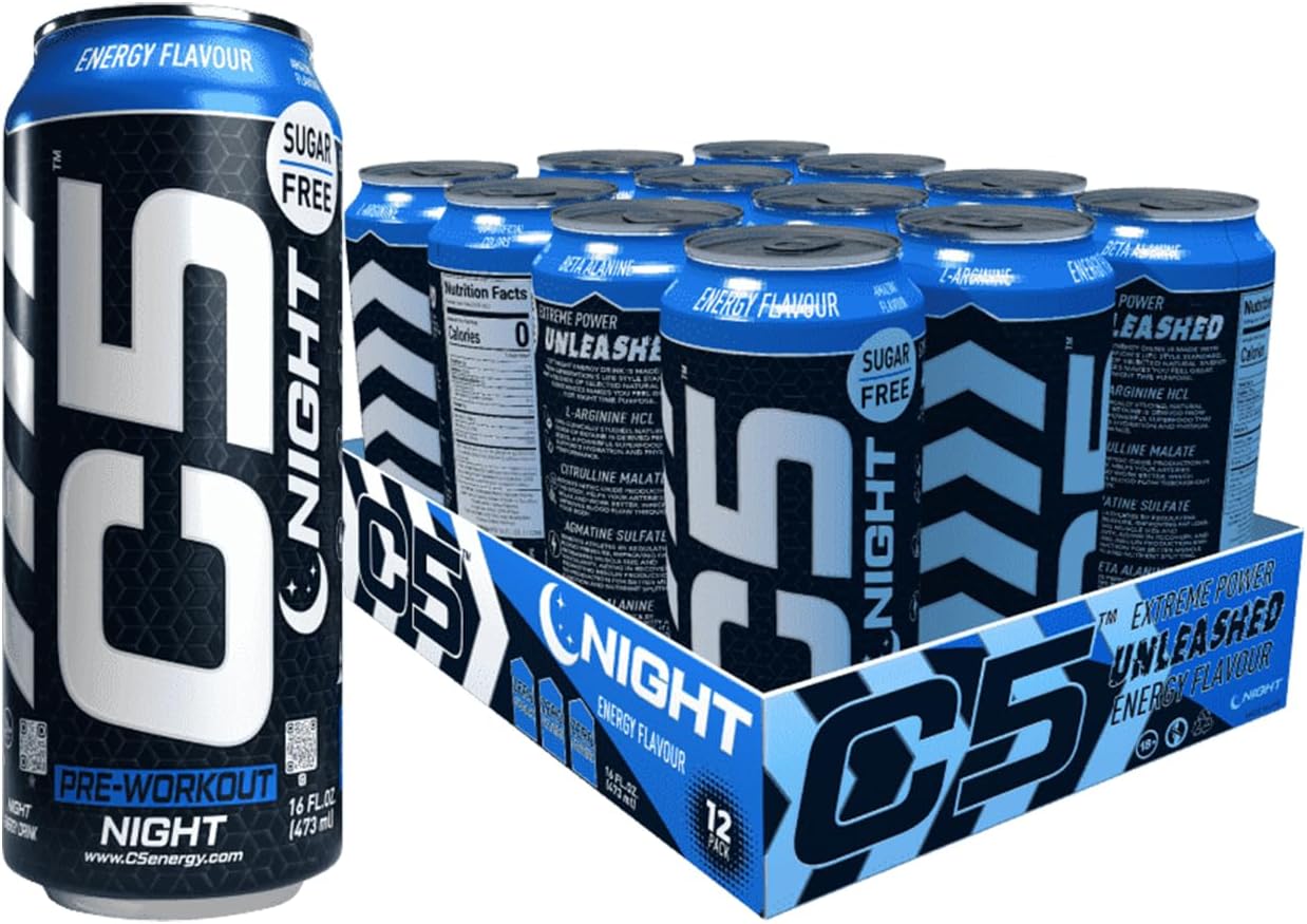 C5 Energy Drink Pre Workout Zero Caffeine, Sugar Free, Zero Calories with Beta Alanine, L-Arginine 16fl.OZ, 473ml - Pack of 12 (ENERGY NIGHT)