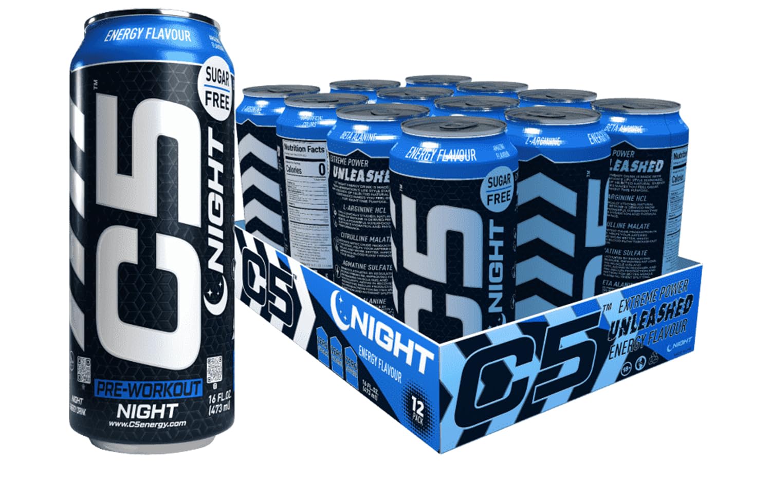 C5 Energy Drink Pre Workout Zero Caffeine, Sugar Free, Zero Calories with Beta Alanine, L-Arginine 16fl.OZ, 473ml - Pack of 12 (ENERGY NIGHT)