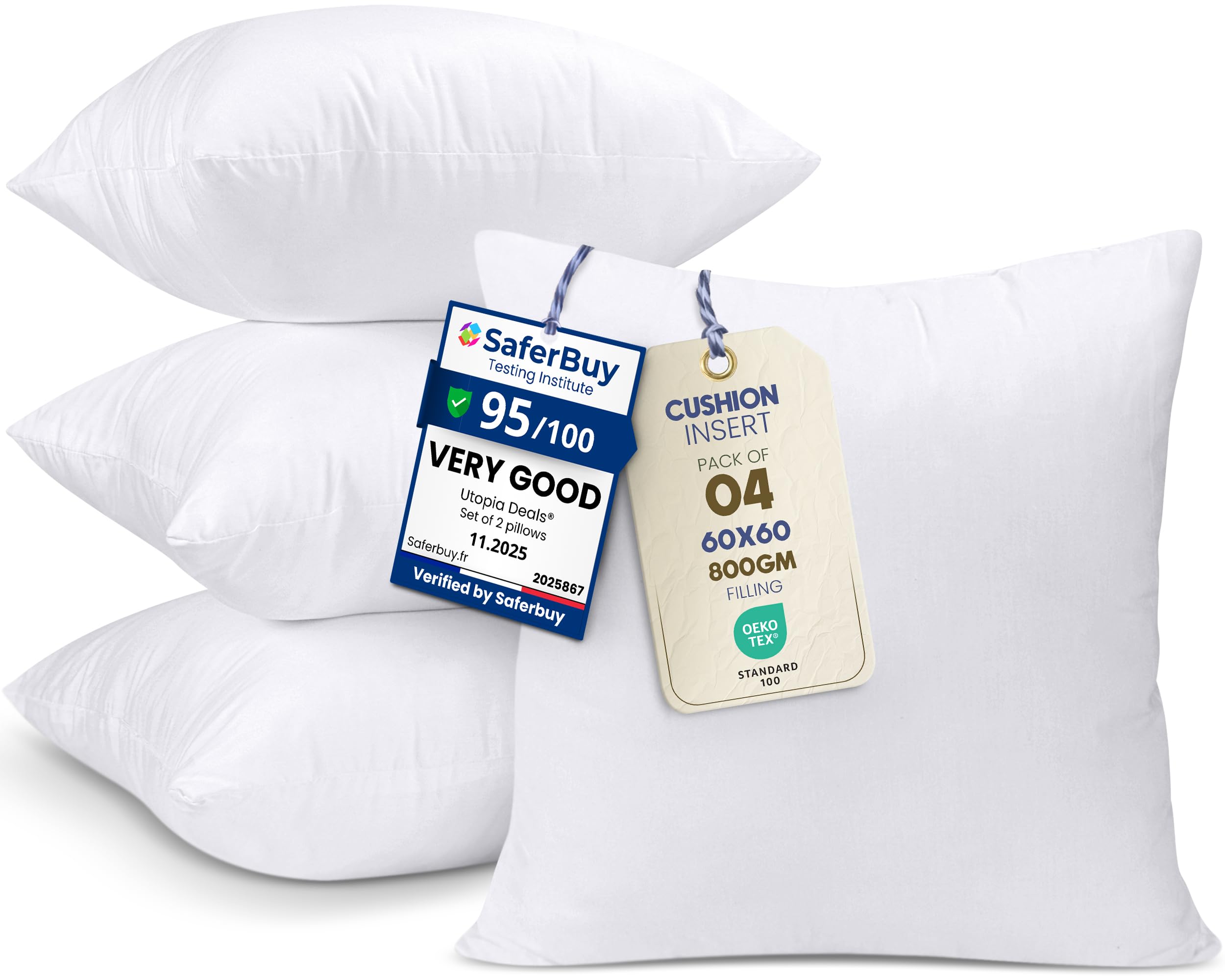 Utopia Bedding White Cushion Inserts 60Cm X 60Cm (24X24 Inch) Pack Of 4 Hollowfibre Inner Pads For Sofa Or Bed – Cushions Fillers