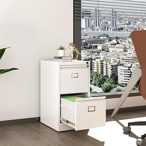 Miniatura 2 de Archivador de 2 cajones, archivadores verticales de metal con cerradura, archivador de acero de oficina para colgar cartaslegalA4 (blanco)
