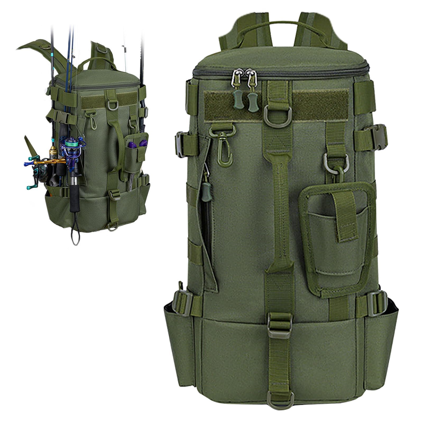 Angelrucksack, Angelrucksack mit Rutenhalter, Wasserdichter Angler Rucksack aus Oxford-Stoff, Lässiger Outdoor Rucksack, Mehrzweck Angel Rucksack für Campin Radfahren Militär(Grün)